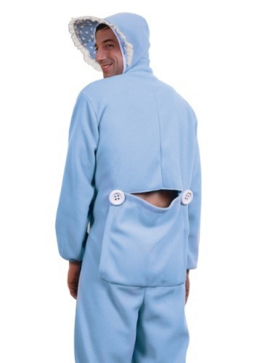 You will have everyone laughing when you show up to your next costume party in this Blue Adult Baby Pajamas Costume. It features blue baby pajamas with a butt flap and matching bonnet. #baby