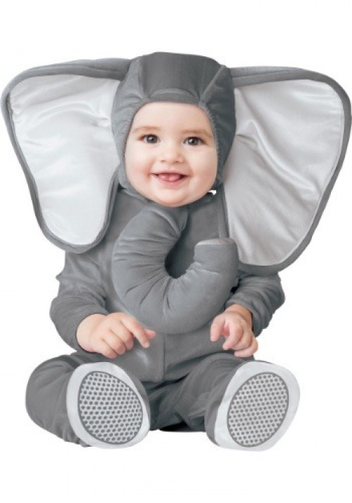 This baby elephant costume is the perfect outfit to keep your little one warm and cozy on Halloween. #baby