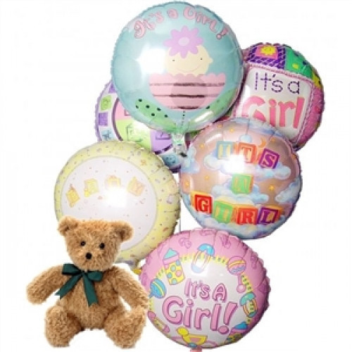 This bunch of 6 New Arrival Theme balloons, combined with a beary 8-10 inch plush teddy bear special friend, is the best way to really sincere congratulations on their new arrival. Delight someone special today! For a Baby Girl. Balloons and teddy bear wi #baby