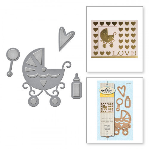 SpellbindersÂ® Die D-Litesâ„¢ cut, emboss and stencil with a single die template. Use them in your cards, tags, scrapbook pages and more! Approximate Size(s): Heart: 0.70 x 1.00 inBottle: 0.40 x 1.00 inRattle: 0.55 x 1.20 inStroller: 2.00 x 2.40 inÃ‚ #baby