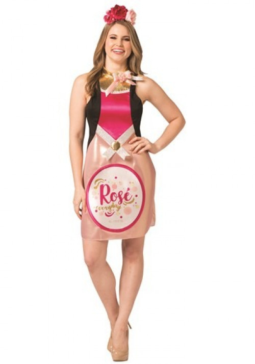 Not satisfied just drinking it anymore? This Women's RosÃ© Wine Dress is perfect for you. This dress is pink and red with gold accents. Comes with a rose headpiece. #alcohol