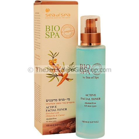 Bio Spa Active Facial Toner Enriched with Obliphica and Carrot by Sea of Spa. An Alcohol-free facial tomer enriched with minerals from the Dead Sea, Omega 3, 6 and 9, Dunaliela alga extract, carrot oil and Obliphica (Sea Buckthorn)oil. The ingredients mai #alcohol