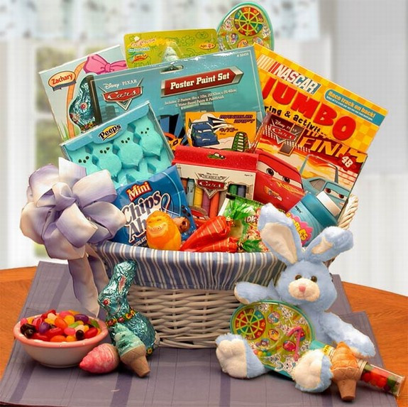 Boys Disney Easter Basket - An Easter Gift Basket designed for boys ages 4-9 which features a combination of sweet treats and activities toys such as a maze game, sidewalk chalk, plush bunny, and Disney Cars Coloring Book, Puzzle, Poster, Painting Set, Cr #toys