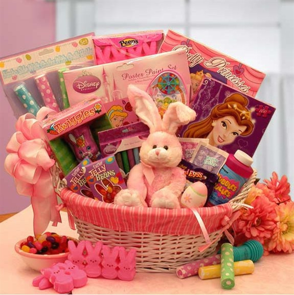 Girls Disney Easter Basket - An Easter Gift Basket designed for girls ages 4-9 which features sweet treats and activities toys including a maze game, sidewalk chalk, plush bunny, and Princess Coloring Book, Puzzle, Poster, Painting Set, Crayons, Bubbles a #toys