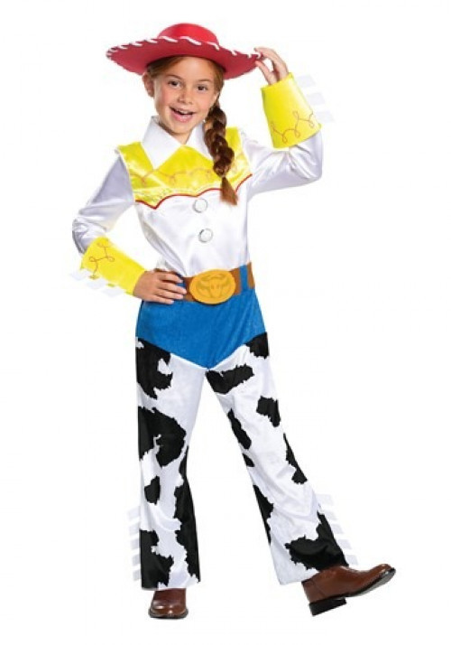 Yee-haw! Join Andy's gang as everyone's favorite cowgirl in the Toy Story Girls Jessie Deluxe Costume. Get your little girl in Jessie's yellow and white top, blue and cow print pants, and iconic red hat. #toys
