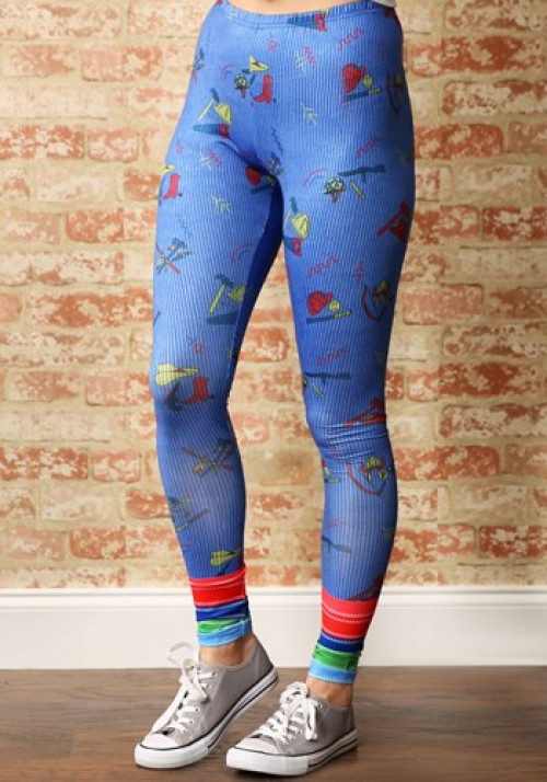 Be a walking Good Guy doll with these Child's Play Women's Chucky Leggings. These blue leggings feature Good Guys toy icons. #toys