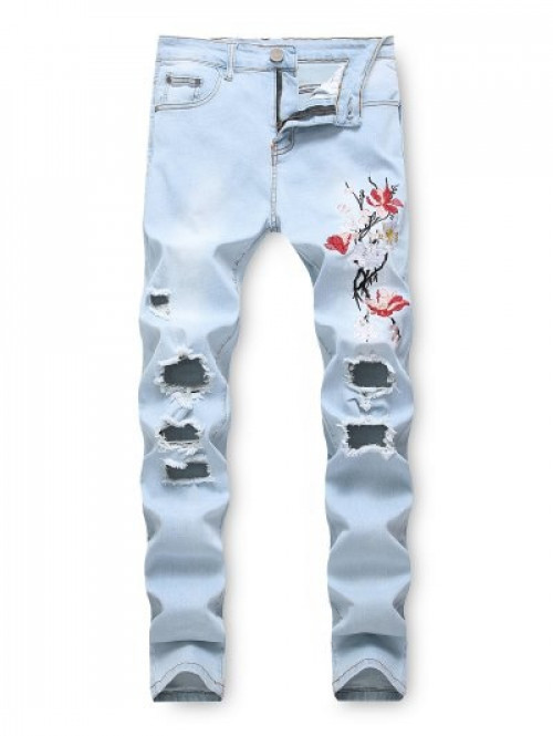 Flower Embroidery Destroy Wash Jeans #jeans