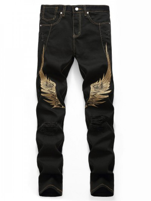 Wing Embroidery Zip Fly Jeans #jeans