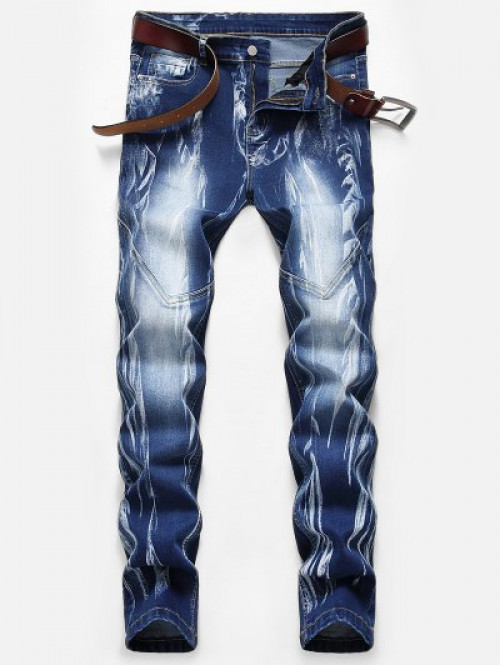 Stitching Design Print Zip Jeans #jeans