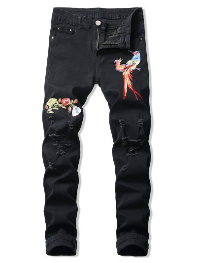 Floral Bird Embroidery Ripped Jeans #jeans