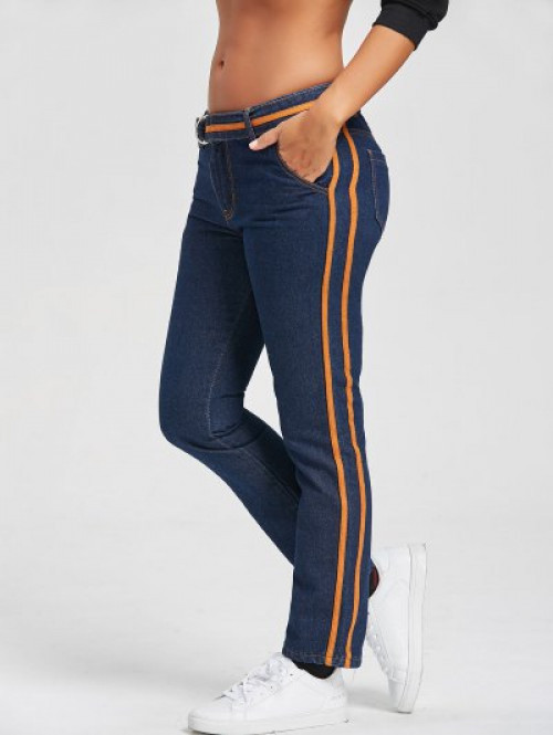Contrast Trim Straight Jeans with Belt #jeans