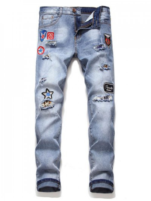 Letter Icon Embroidery Jeans #jeans
