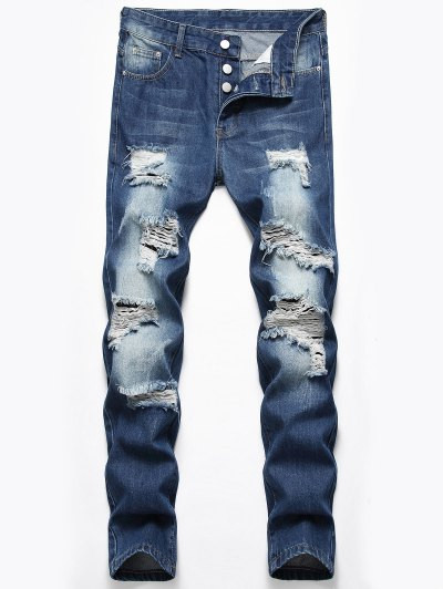 Destroyed Design Button Fly Jeans #jeans