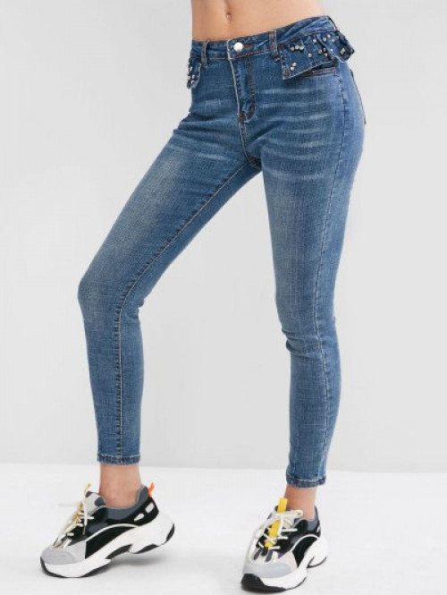 Beading Flounces Skinny Jeans #jeans