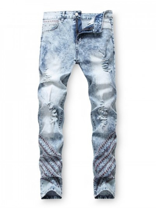 Embroidery Zip Fly Jeans #jeans
