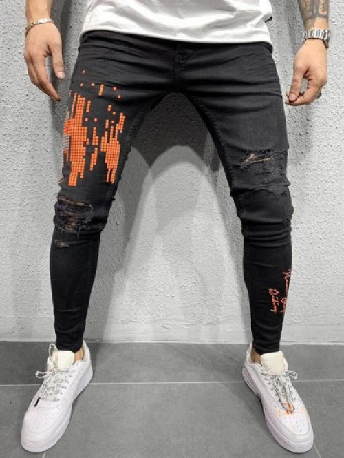 Geometric Printed Ripped Jeans #jeans