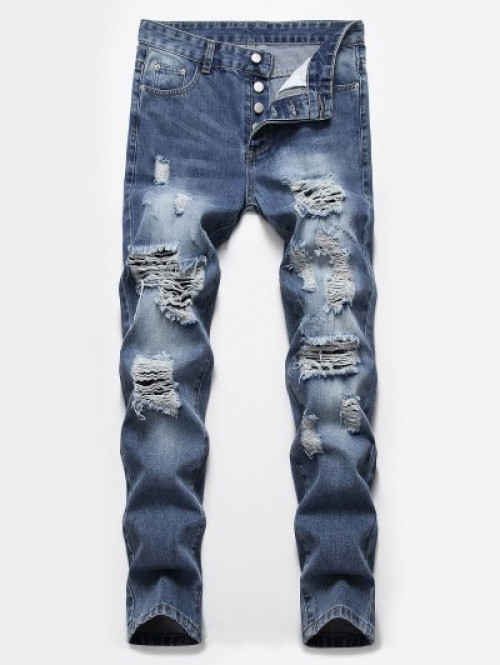 Destroyed Ripped Button Fly Jeans #jeans