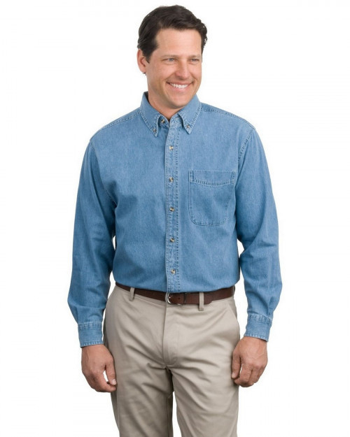 Port Authority S600 Men's Long Sleeve Denim Shirt - Faded Denim - XS #denim