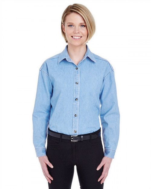 Ultraclub 8966 Women's Long-Sleeve Denim Shirt - Light Blue - S #denim