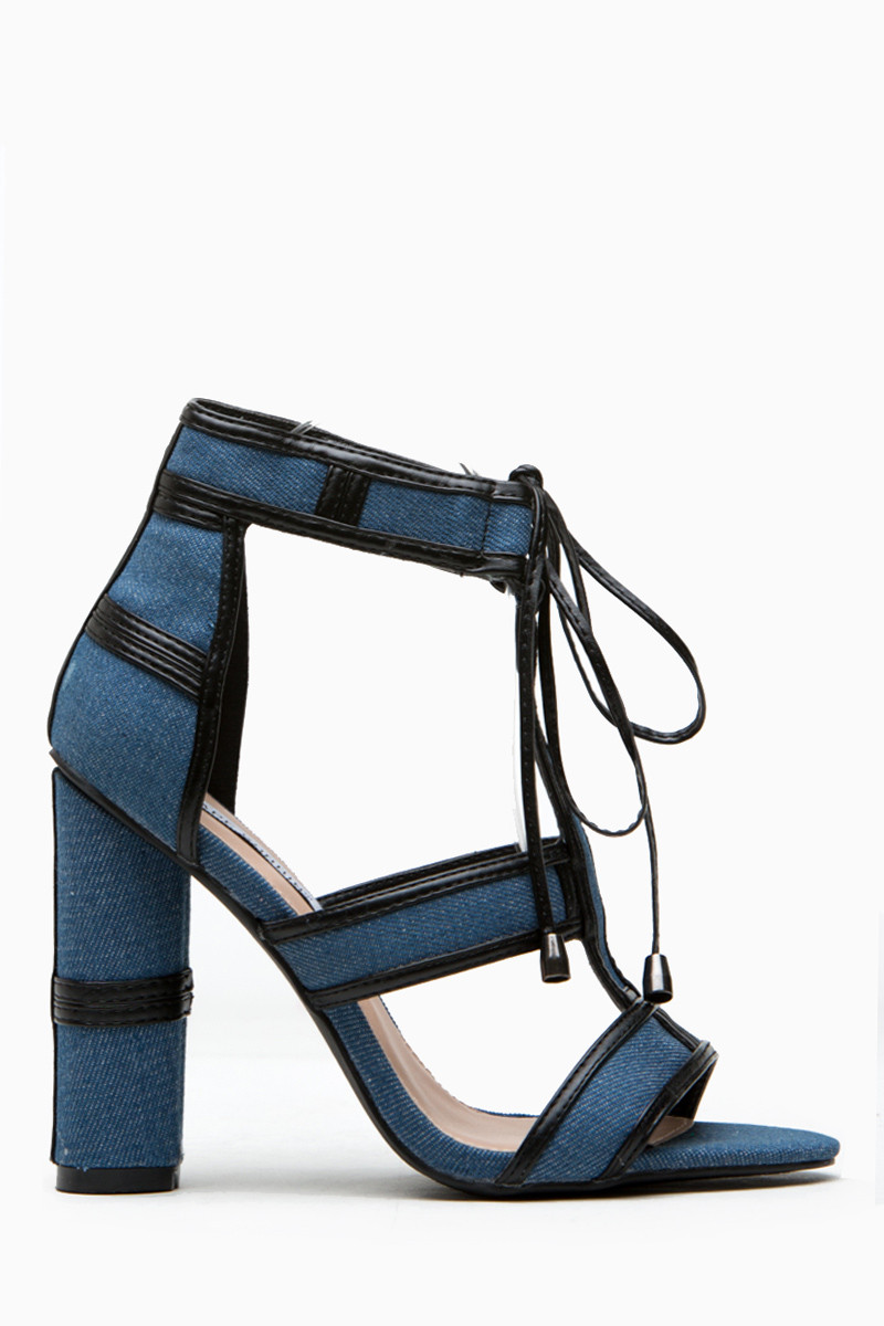 Blue Faux Leather Denim Contrast Caged Heels #denim
