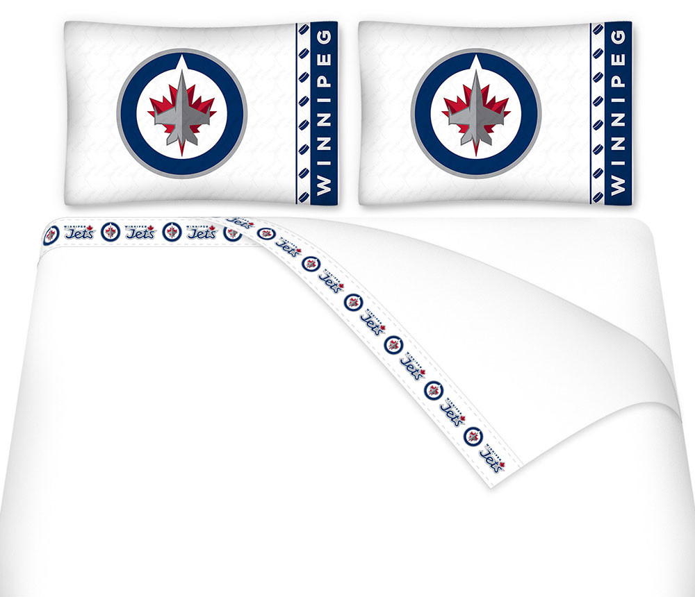 NHL Winnipeg Jets king size flat sheet, fitted sheet, and two standard pillowcases. #bed