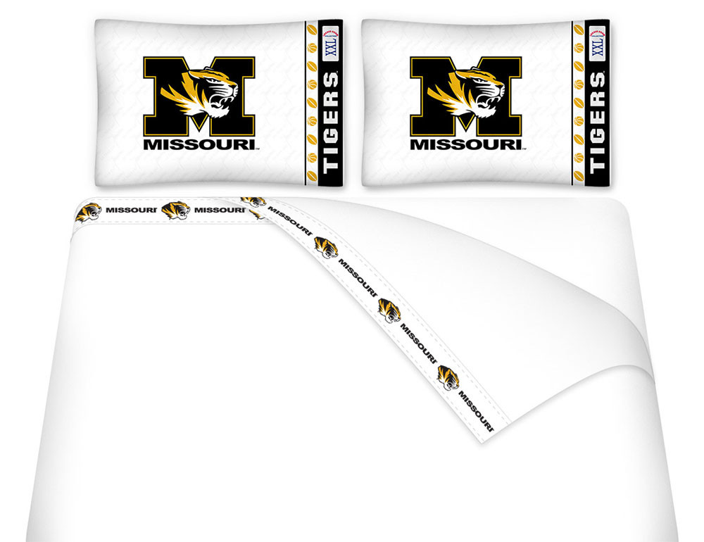 NCAA Missouri Tigers king size flat and fitted sheets, and two pillowcases. #bed