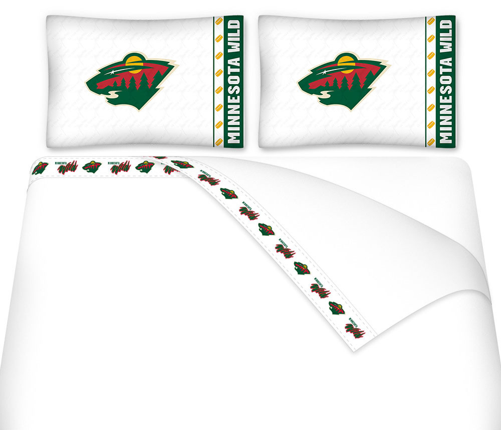 NHL Minnesota Wild king size flat sheet, fitted sheet, and two standard pillowcases. #bed