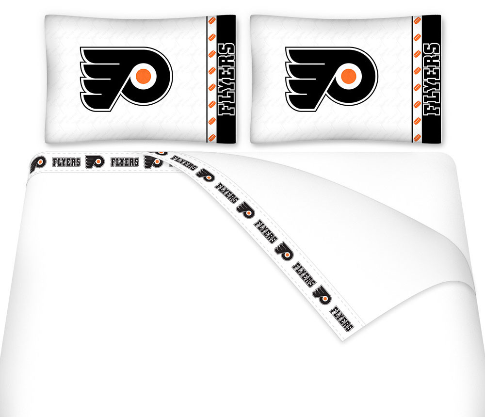 NHL Philadelphia Flyers king size flat sheet, fitted sheet, and two standard pillowcases. #bed