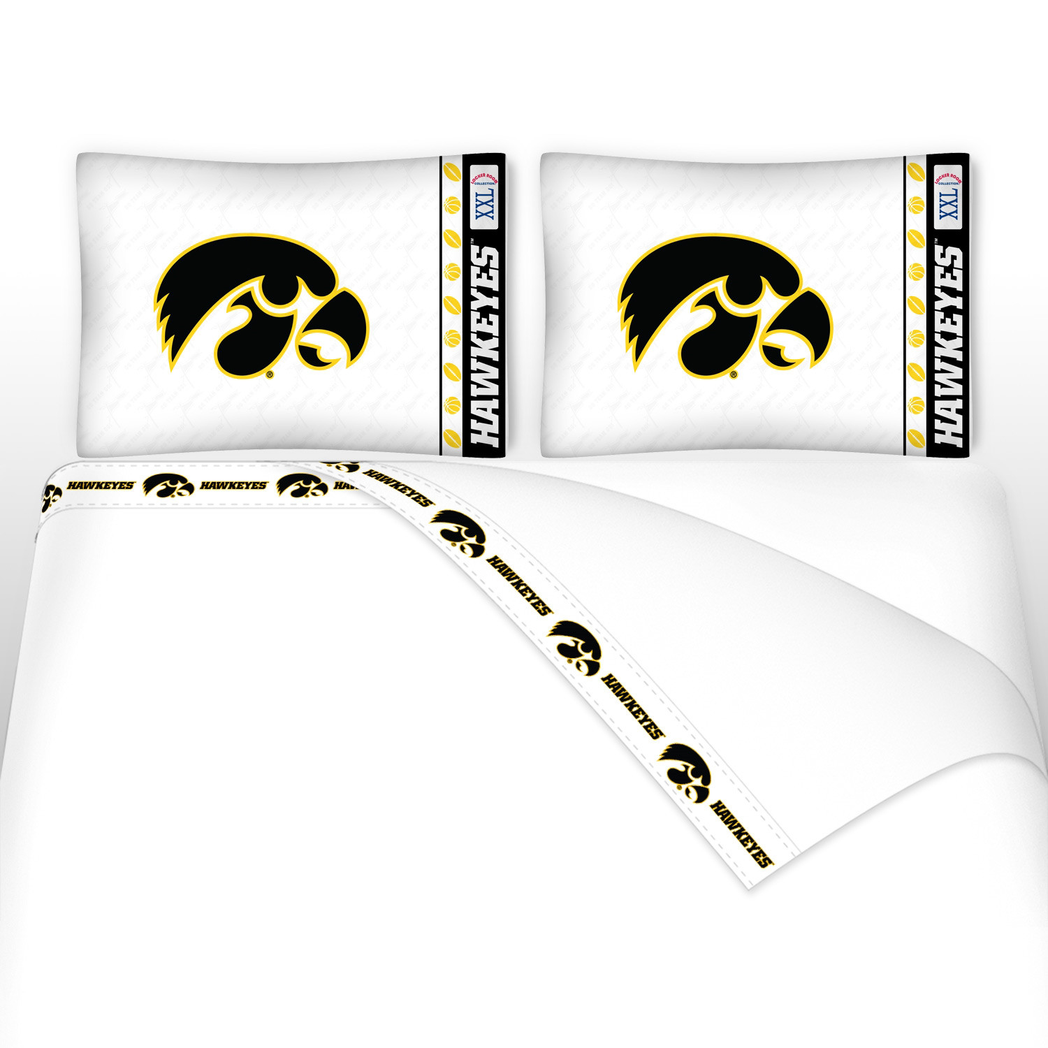 NCAA Iowa Hawkeyes king size flat and fitted sheets, and two pillowcases. #bed