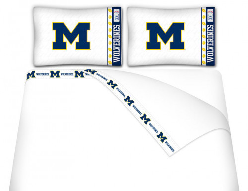 NCAA Michigan Wolverines king size flat and fitted sheets, and two pillowcases. #bed