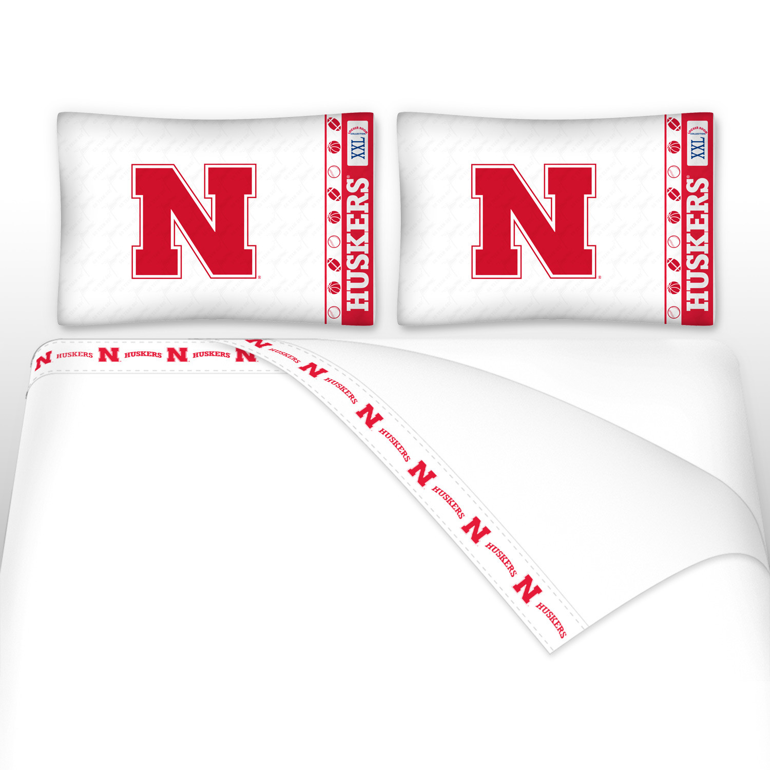 NCAA Nebraska Huskers king size flat and fitted sheets, and two pillowcases. #bed
