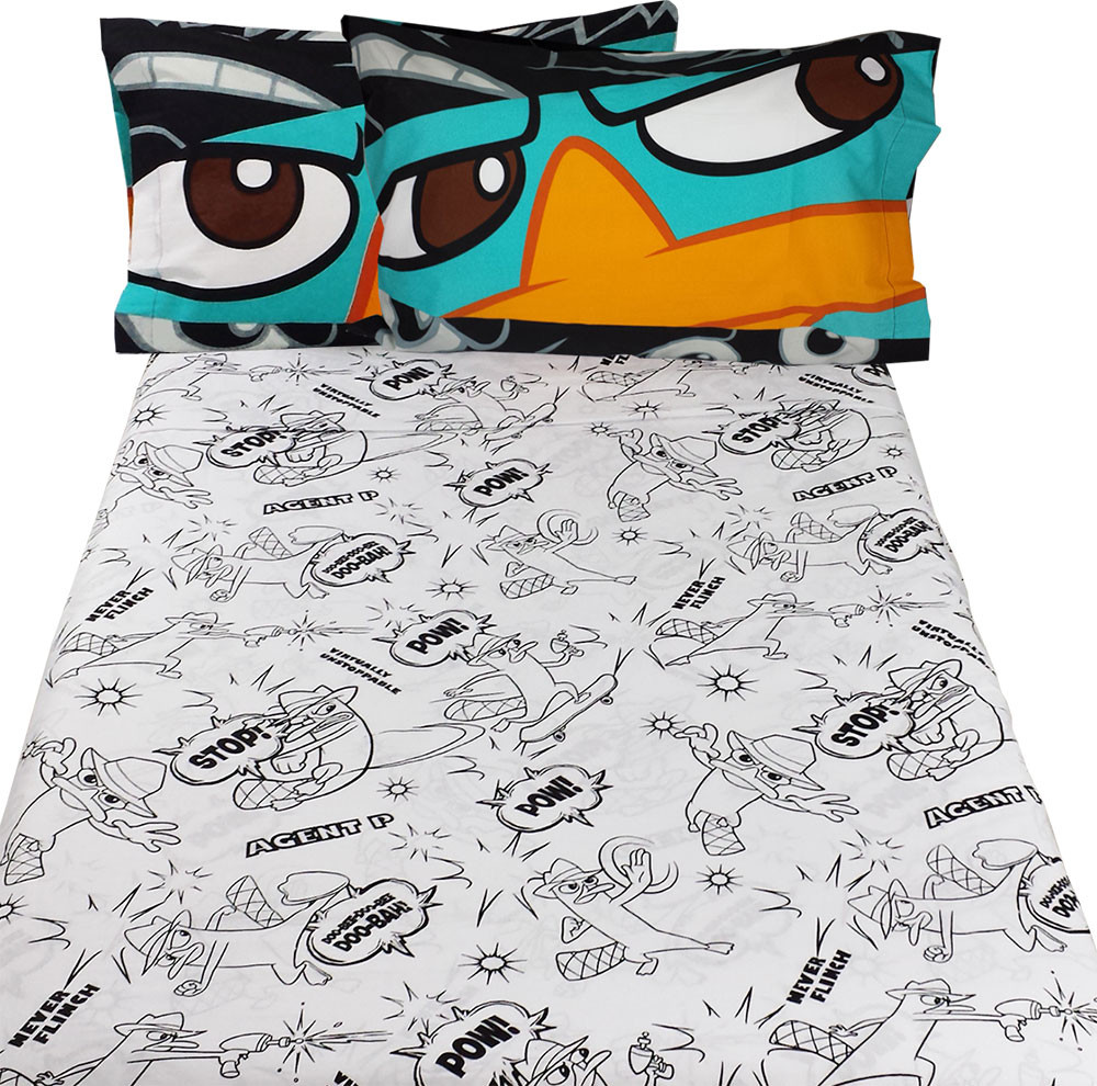Agent P Never Flinch full bed size flat sheet, fitted sheet, and two standard pillowcases. #bed