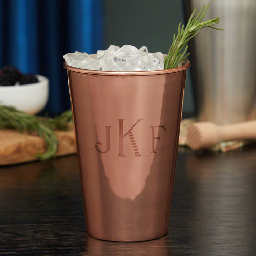 For the last decade, metal tumblers have made a big comeback, and our classic monogram 20-ounce copper cup is one of the most stylish examples. Hewn in the shape of a classic bar glass, these strong tumblers are ideal for cocktails, soft drinks, and even #%20